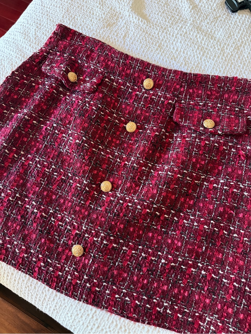 Red Tweed Mini Skirt with Gold Buttons